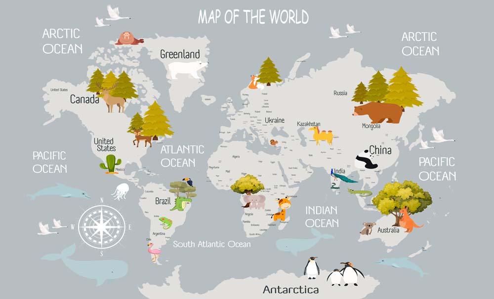 Kids World Map with Animals Wall Mural Educational Wallpaper for Kids