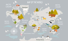 Custom Kids World Map with Animals Wall Mural Educational Wallpaper for Kids