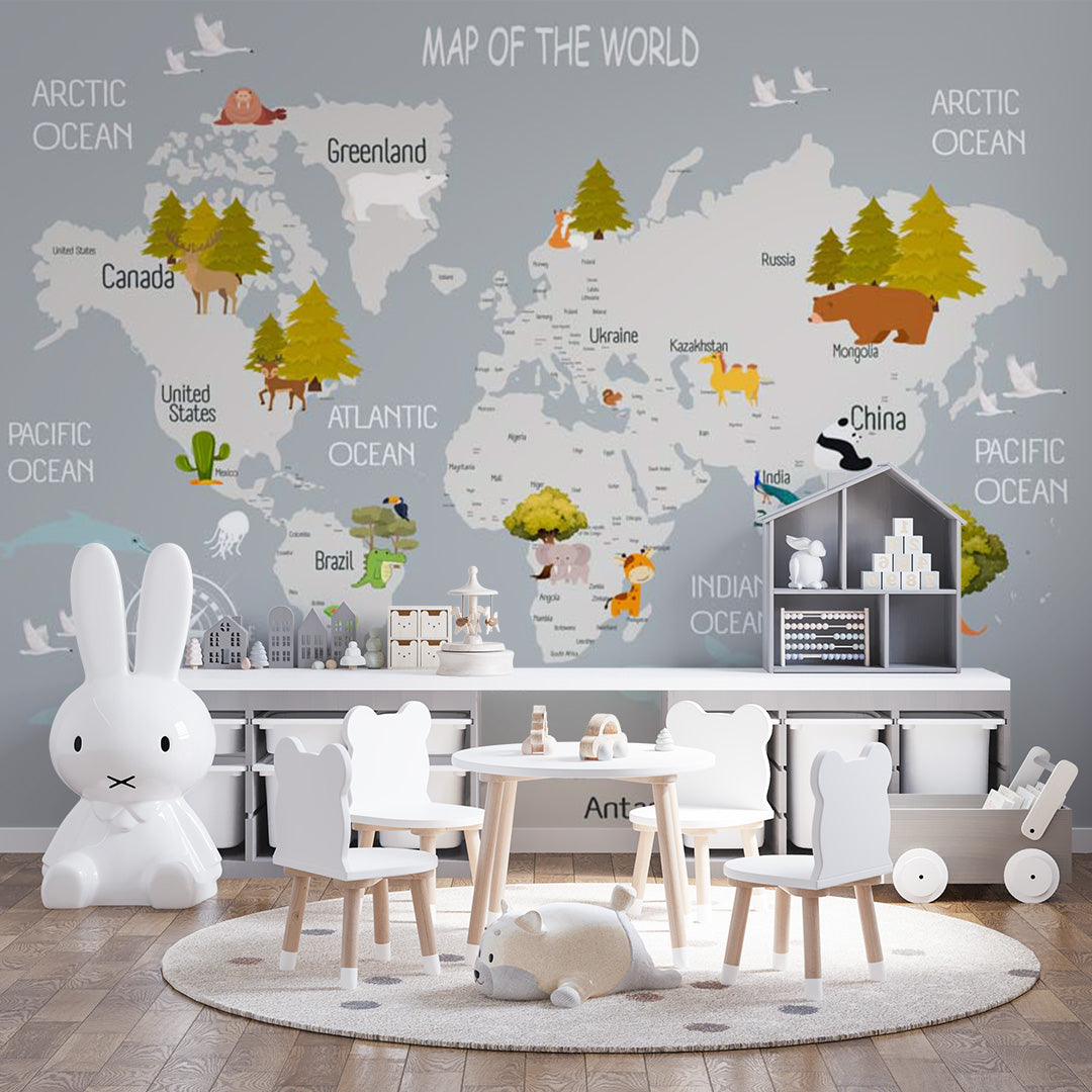 Kids World Map with Animals Wall Mural Educational Wallpaper for Kids