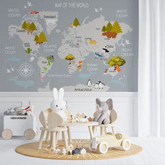 Custom Kids World Map with Animals Wall Mural Educational Wallpaper for Kids