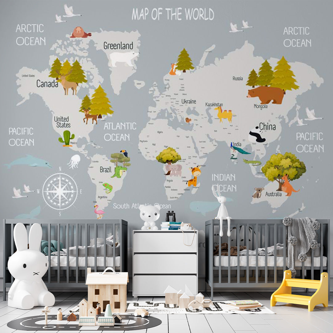 Kids World Map with Animals Wall Mural Educational Wallpaper for Kids