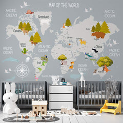 Custom Kids World Map with Animals Wall Mural Educational Wallpaper for Kids