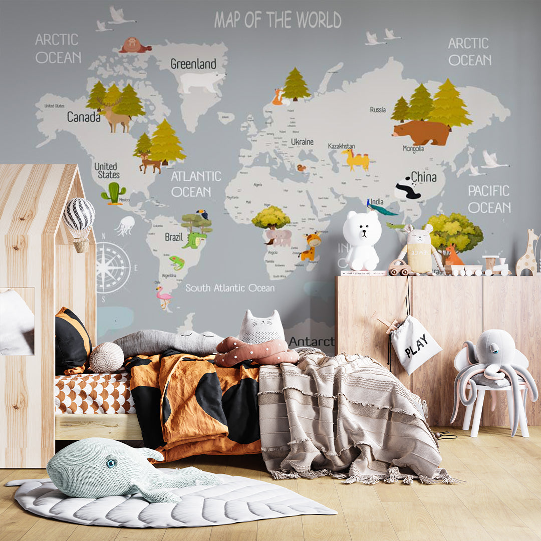 Kids World Map with Animals Wall Mural Educational Wallpaper for Kids