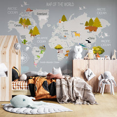 Custom Kids World Map with Animals Wall Mural Educational Wallpaper for Kids