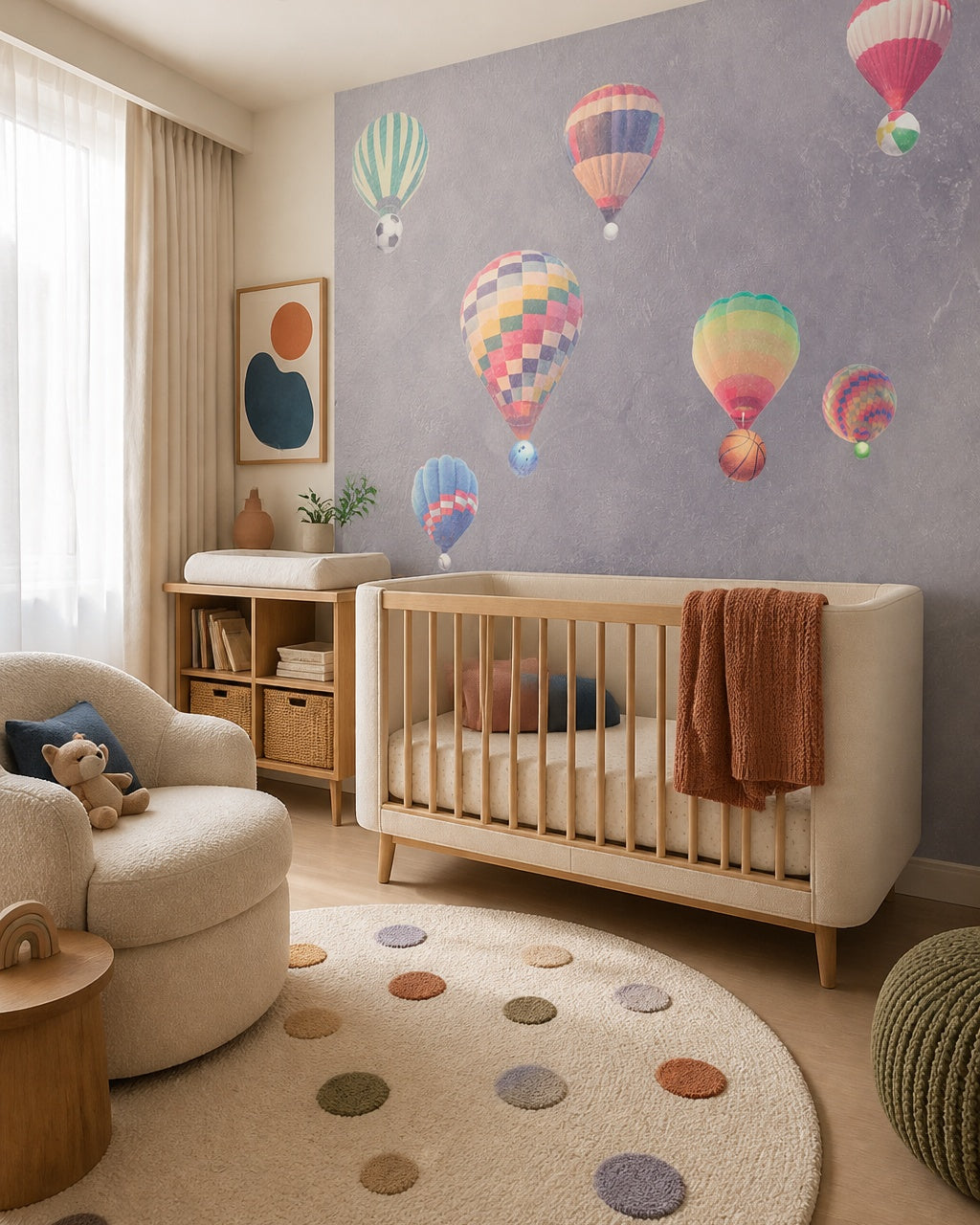Watercolor hot air balloons wallpaper in a modern nursery with a crib.