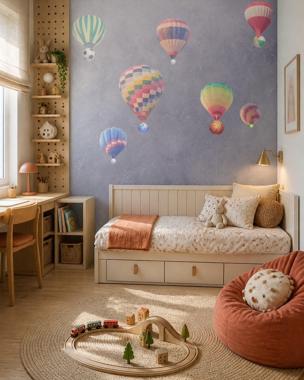 Watercolor hot air balloons wallpaper in a girl’s bedroom.