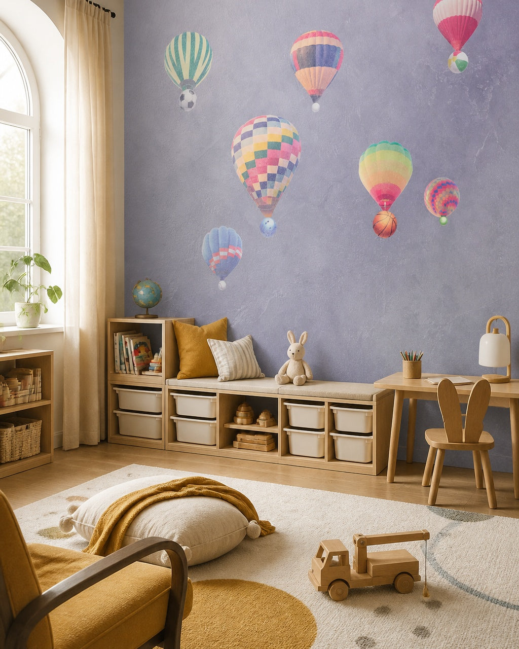Watercolor hot air balloons wallpaper in a children’s playroom.