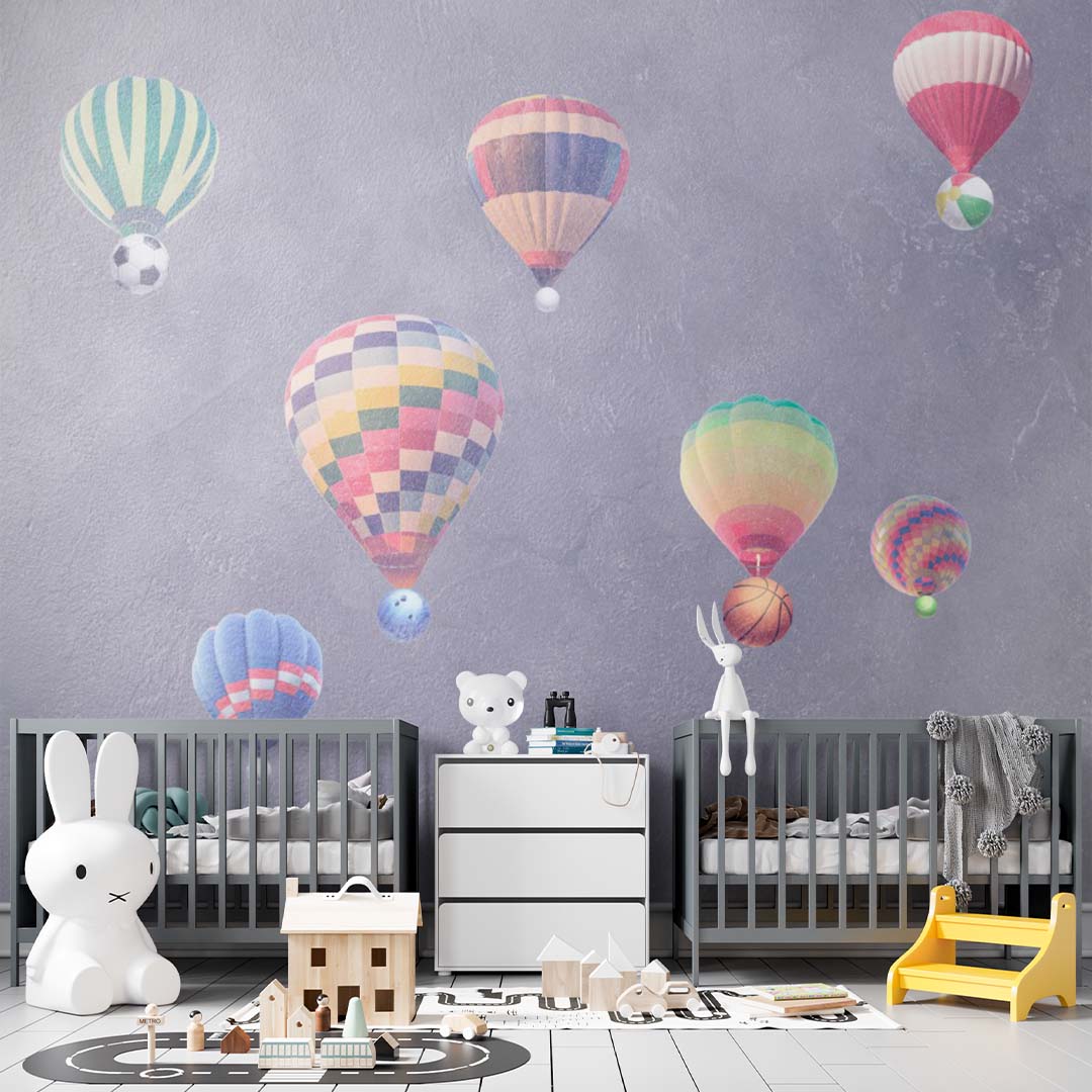 Kids Wall Murals Watercolour Design Hot AIr Balloons with Ball, Aviation-Themed Kids Room Wall Graphics