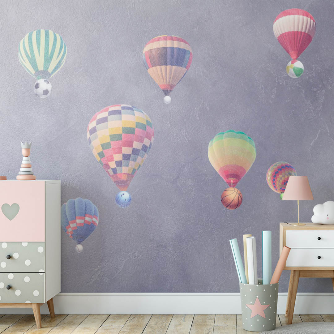 Kids Wall Murals Watercolour Design Hot AIr Balloons with Ball, Aviation-Themed Kids Room Wall Graphics