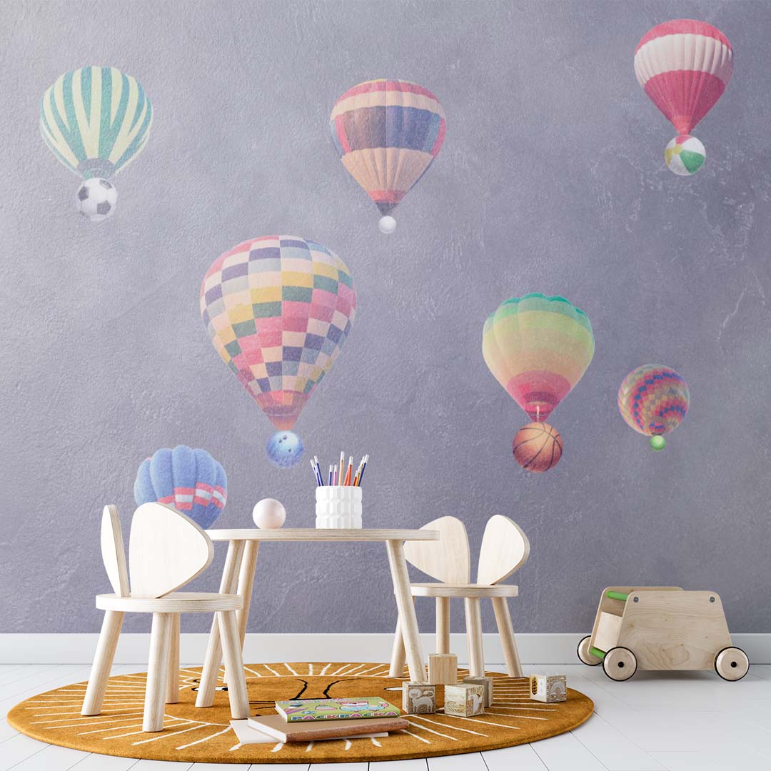 Kids Wall Murals Watercolour Design Hot AIr Balloons with Ball, Aviation-Themed Kids Room Wall Graphics