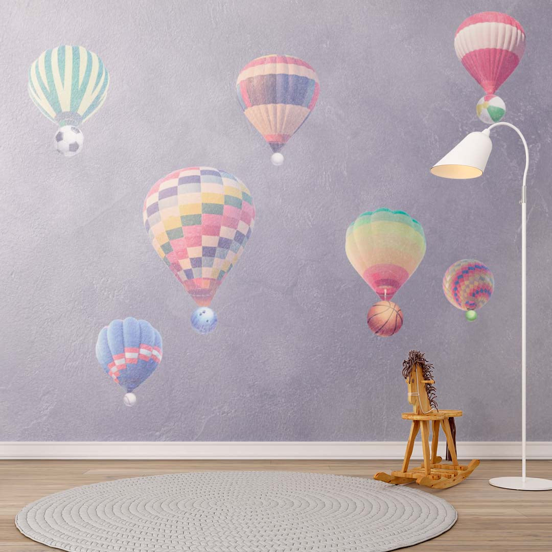 Custom Kids Wall Murals Watercolour Design Hot AIr Balloons with Ball, Aviation-Themed Kids Room Wall Graphics