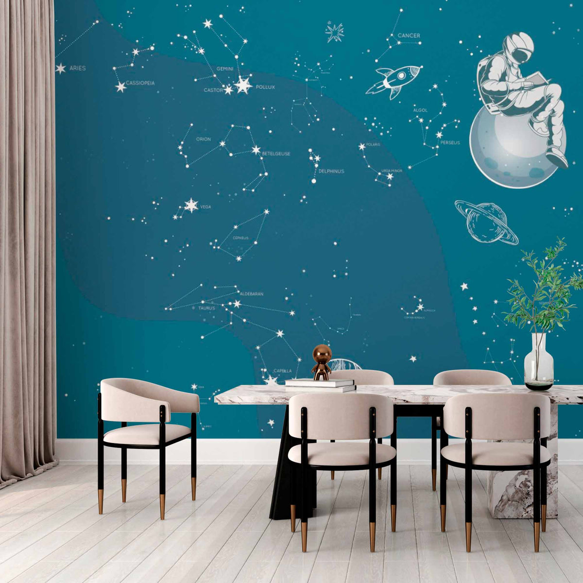 Custom Fun Astronaut and Constellations Wall Mural Wallpaper - Star Map with Space Elements