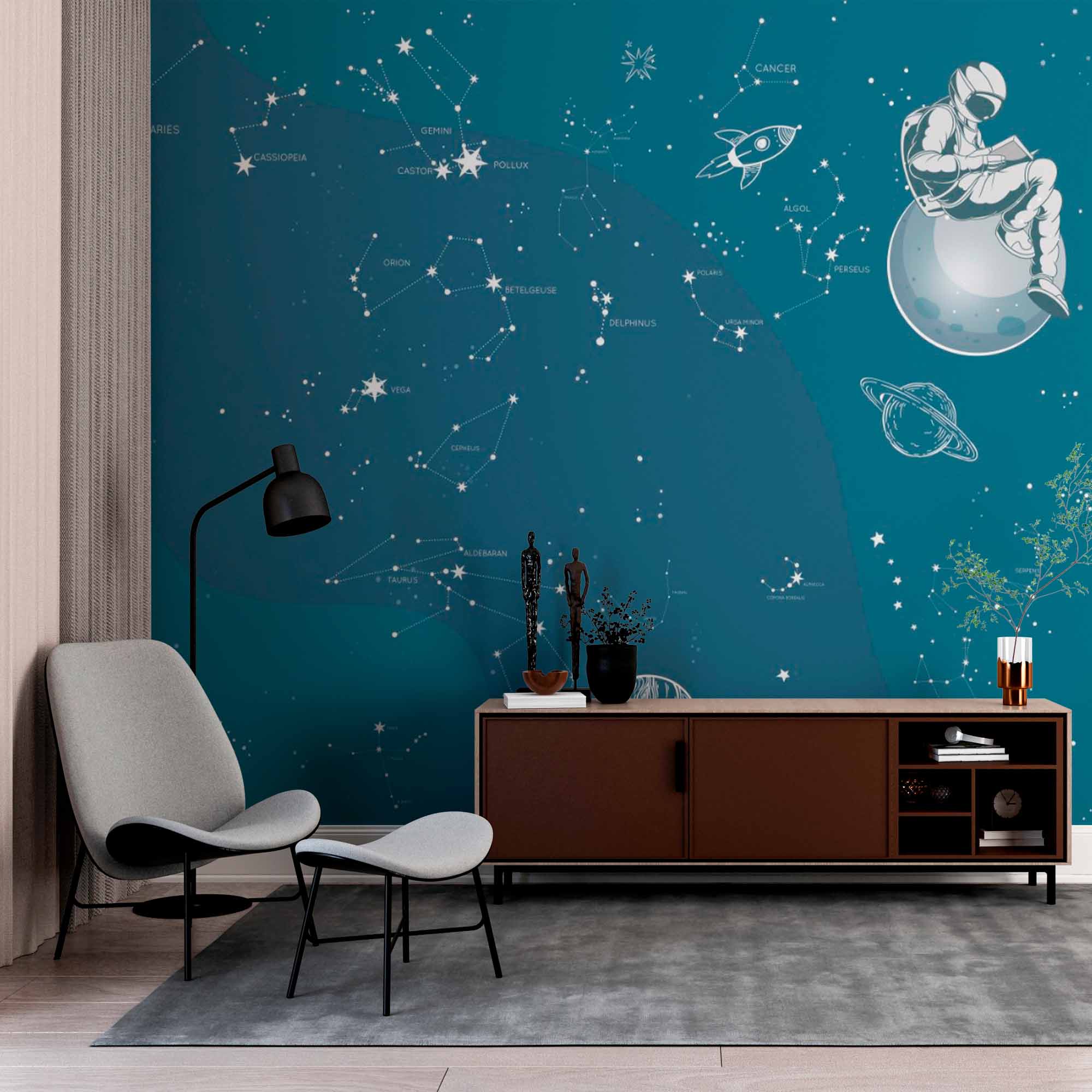 Fun Astronaut and Constellations Wall Mural Wallpaper - Star Map with Space Elements