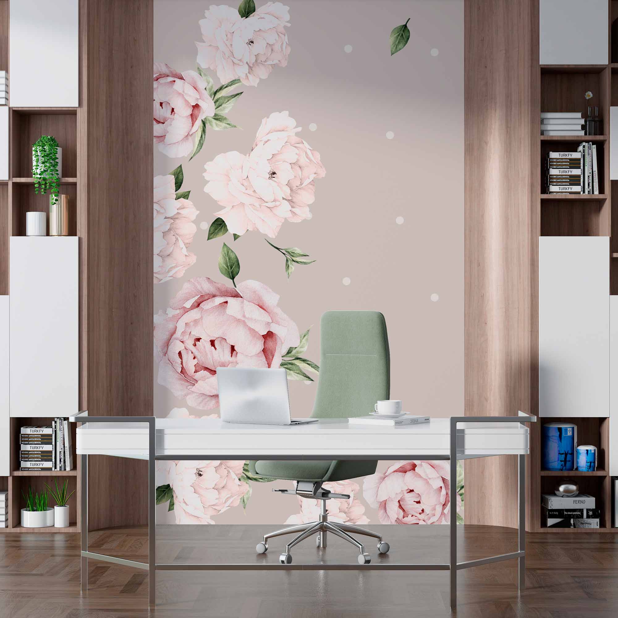 Charming Blush Peony Wall Mural Wallpaper with Polka Dot Pattern