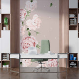 Charming Blush Peony Wall Mural Wallpaper with Polka Dot Pattern