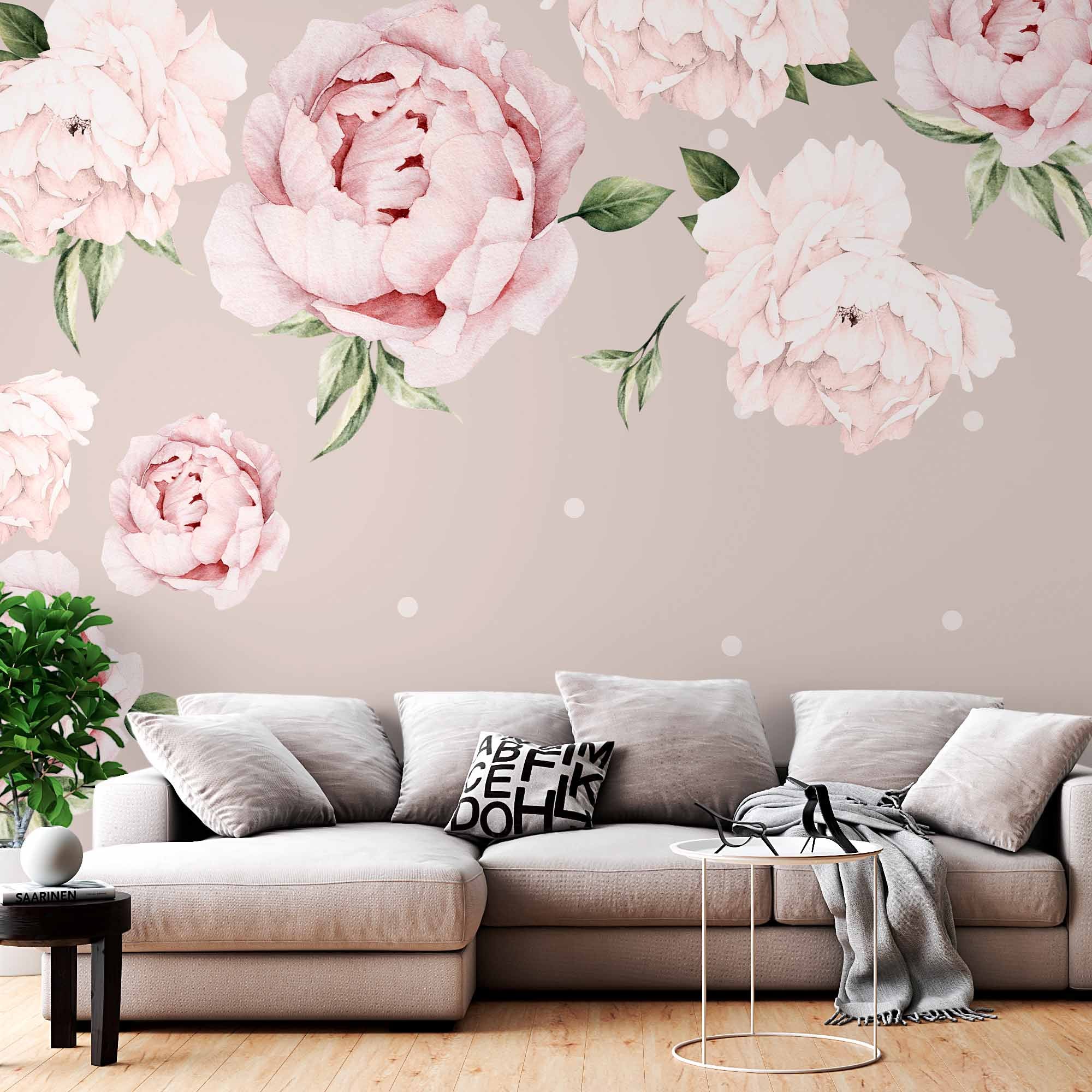 Charming Blush Peony Wall Mural Wallpaper with Polka Dot Pattern