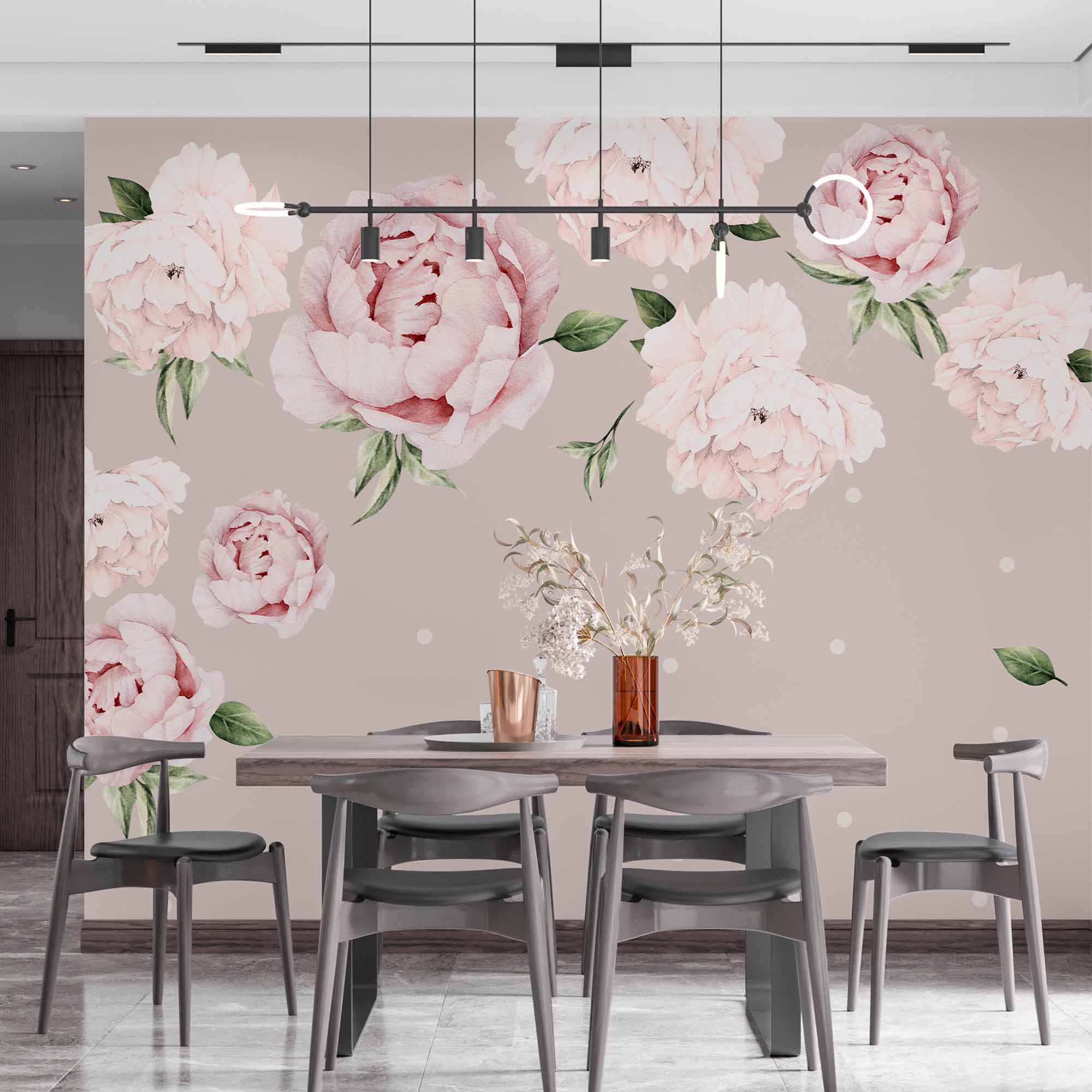 Charming Blush Peony Wall Mural Wallpaper with Polka Dot Pattern