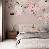 Charming Blush Peony Wall Mural Wallpaper with Polka Dot Pattern