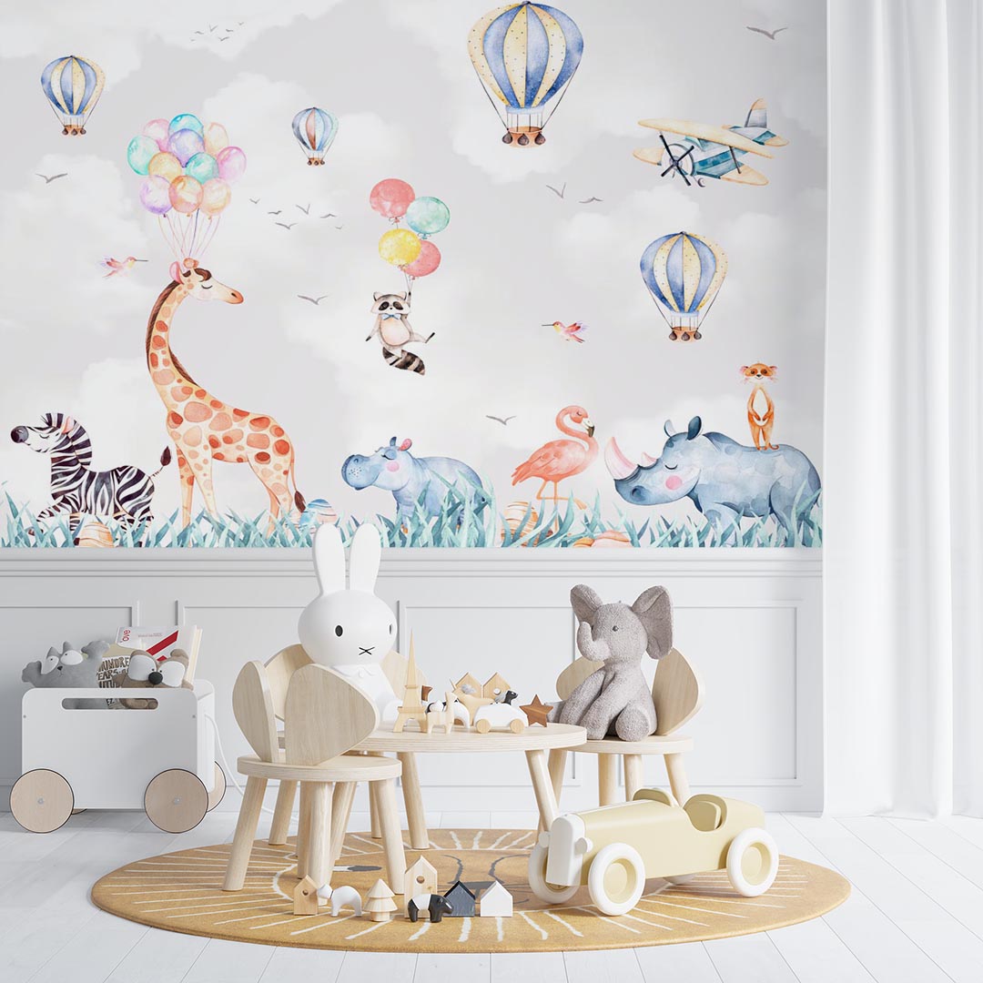 Kids Wall Mural Cartoon Animals Safari Wildlife Wallpaper for Kids Room