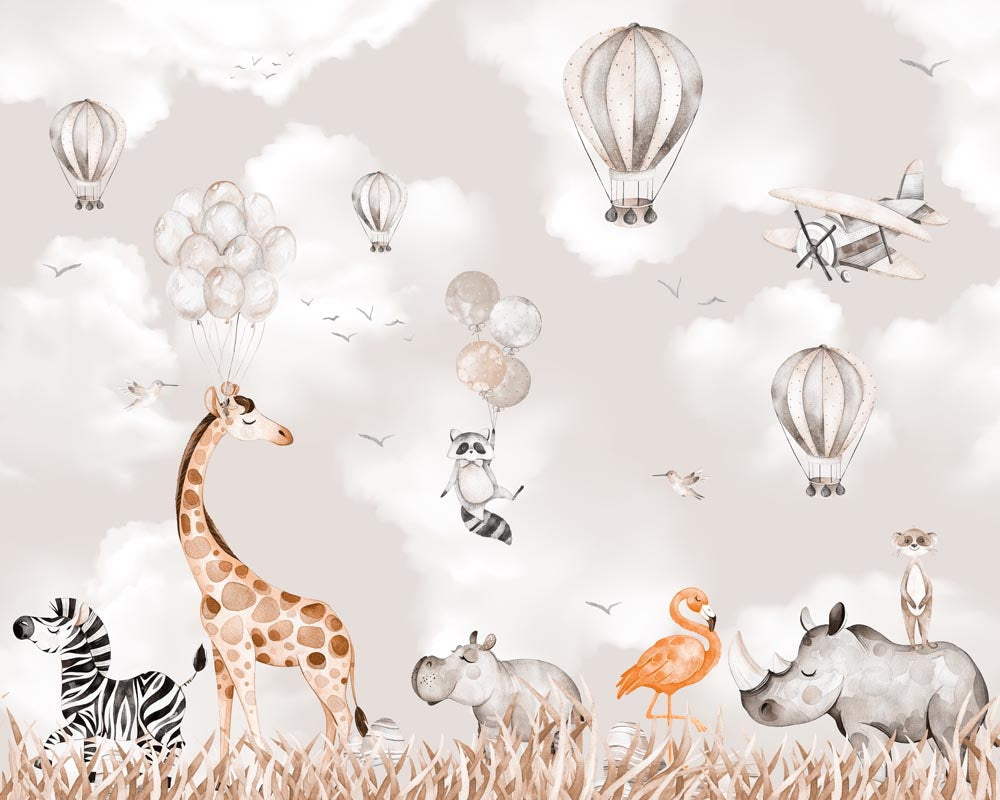 Papier peint safari neutre – Papier peint panoramique enfant girafe, zèbre et rhinocéros