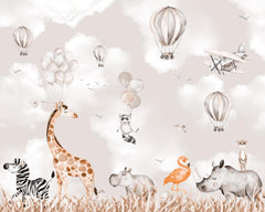 Custom Kids Wall Mural Cartoon Animals Beige Safari Wildlife Wallpaper for Kids Room