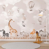 Kids Wall Mural Cartoon Animals Beige Safari Wildlife Wallpaper for Kids Room