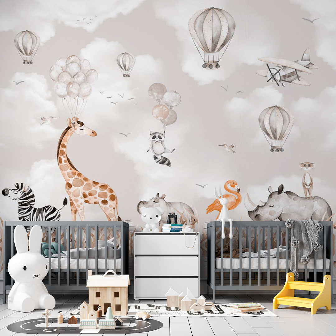 Kids Wall Mural Cartoon Animals Beige Safari Wildlife Wallpaper for Kids Room