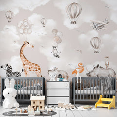 Custom Kids Wall Mural Cartoon Animals Beige Safari Wildlife Wallpaper for Kids Room