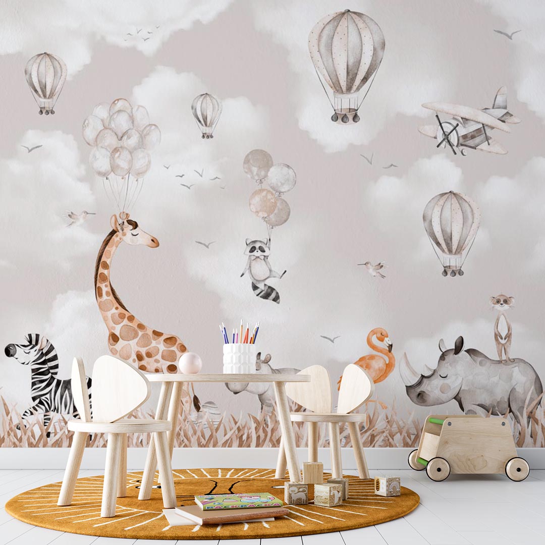 Kids Wall Mural Cartoon Animals Beige Safari Wildlife Wallpaper for Kids Room