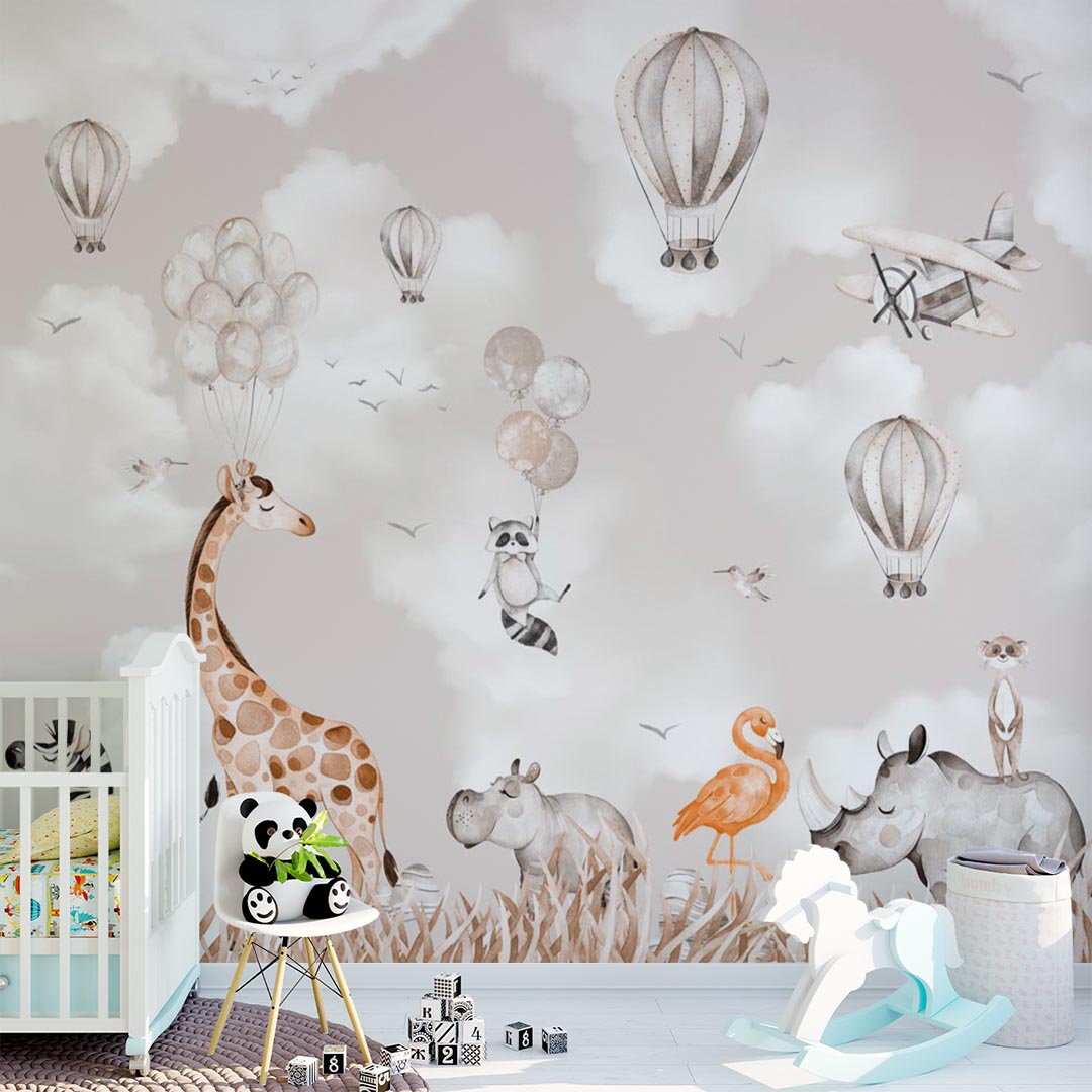 Kids Wall Mural Cartoon Animals Beige Safari Wildlife Wallpaper for Kids Room