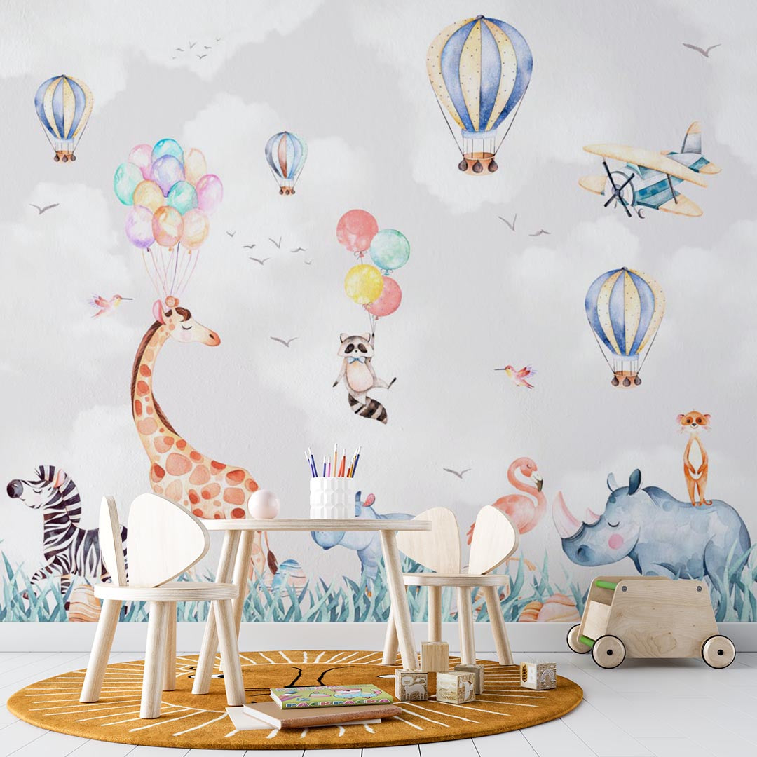 Kids Wall Mural Cartoon Animals Safari Wildlife Wallpaper for Kids Room