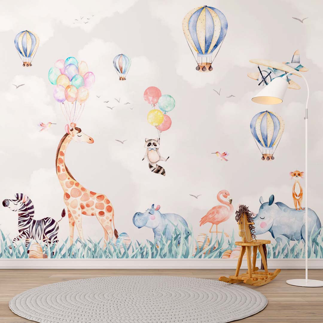 Kids Wall Mural Cartoon Animals Safari Wildlife Wallpaper for Kids Room