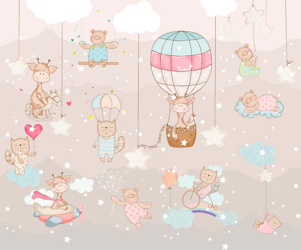 Kids Wall Mural Colorful Hot Air Balloons Cute Animals Nursery Wallpaper