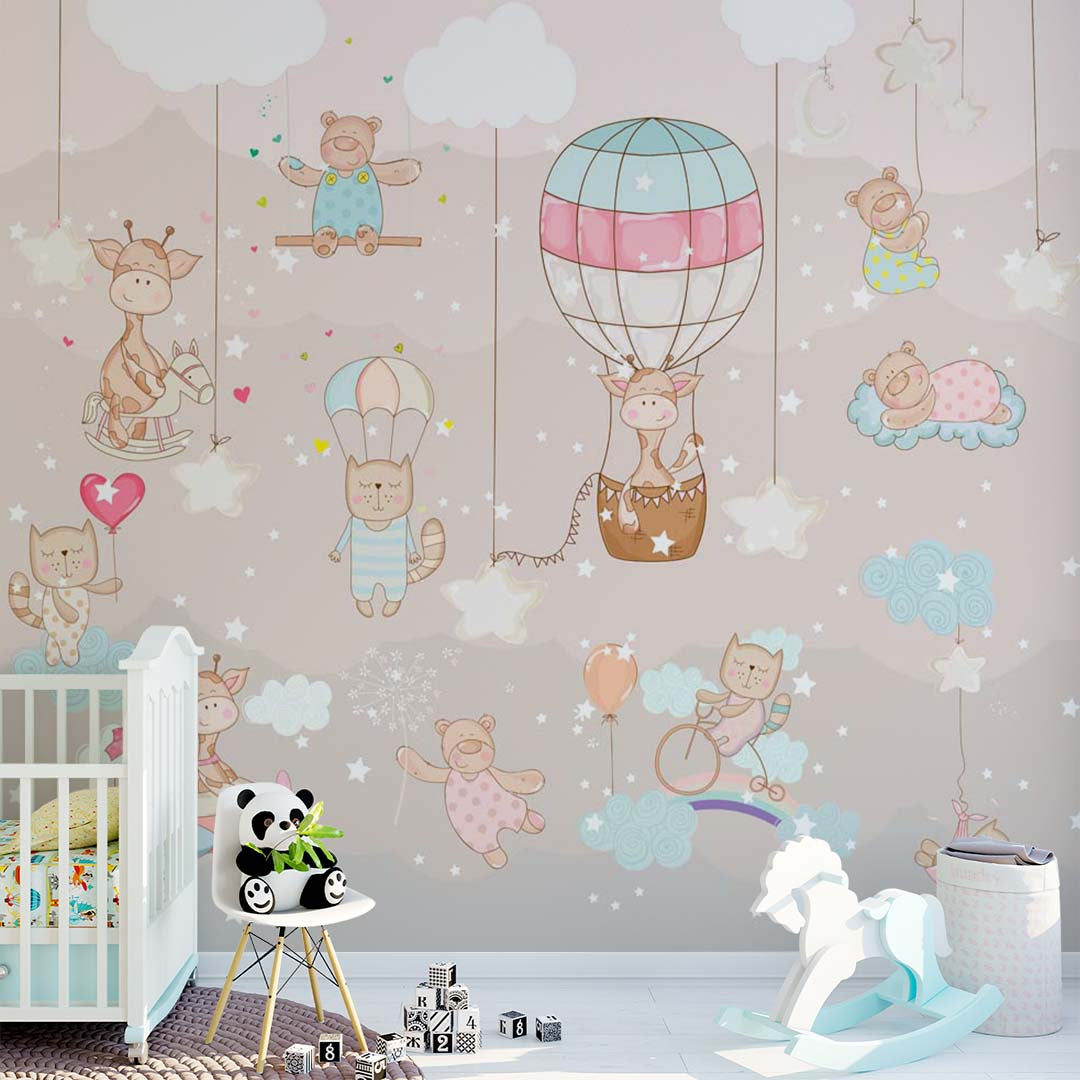 Kids Wall Mural Colorful Hot Air Balloons Cute Animals Nursery Wallpaper