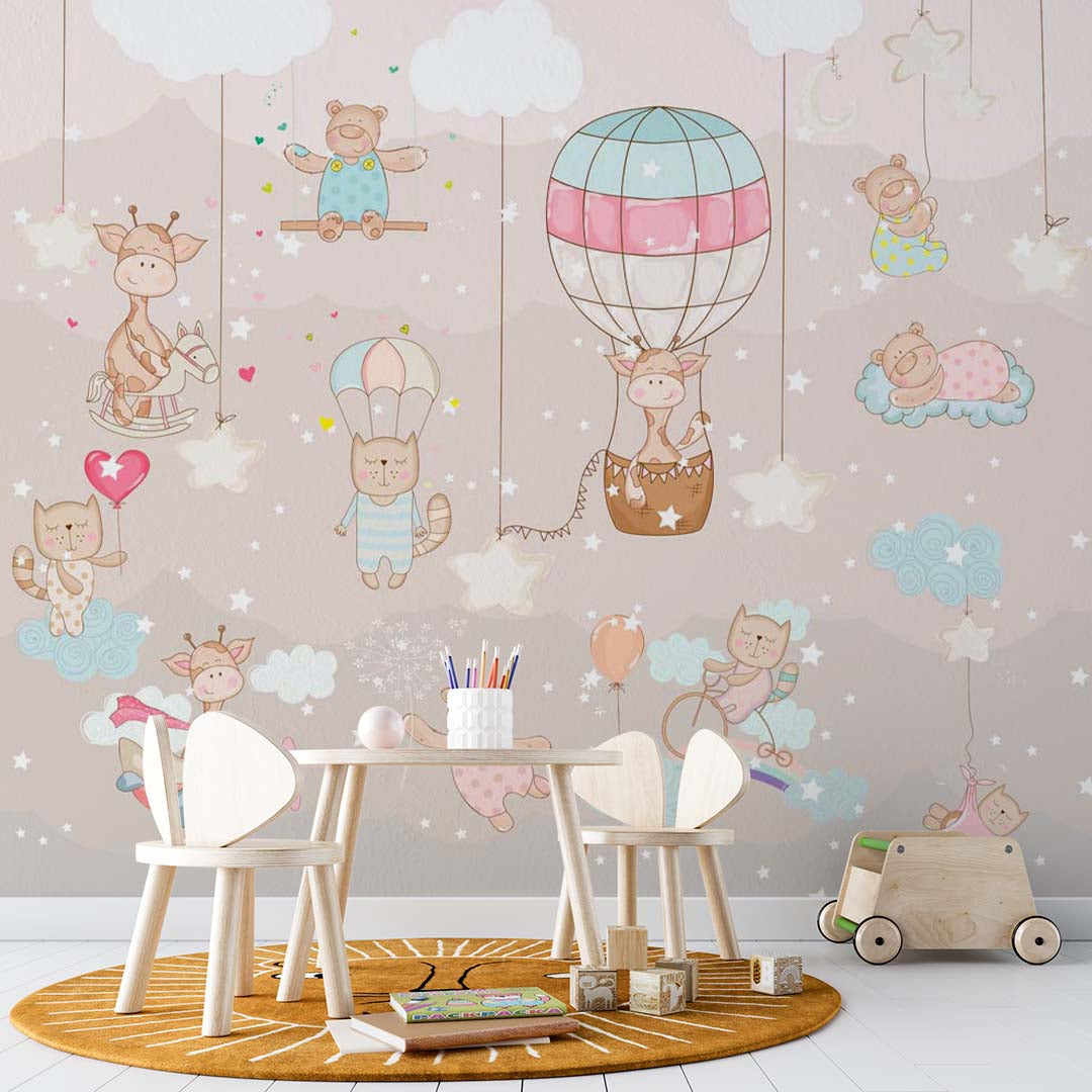 Kids Wall Mural Colorful Hot Air Balloons Cute Animals Nursery Wallpaper