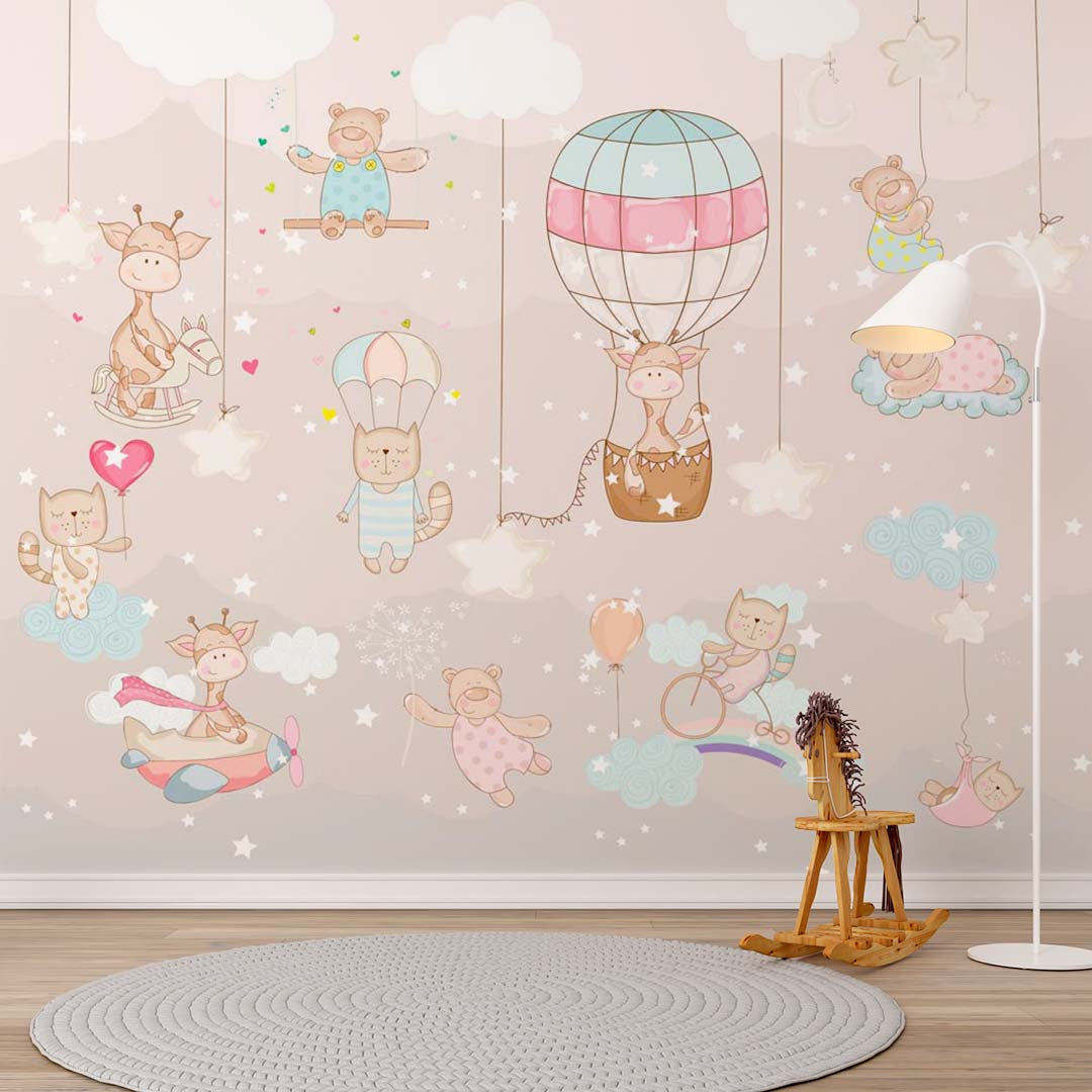 Kids Wall Mural Colorful Hot Air Balloons Cute Animals Nursery Wallpaper