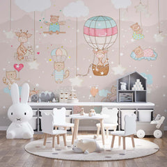 Custom "Kids Wall Mural Colorful Hot Air Balloons Cute Animals Nursery Wallpaper  "