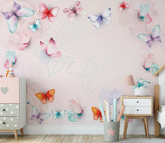 Custom Kids Wall Mural Butterfly Watercolour Pink Nursery Wallpaper