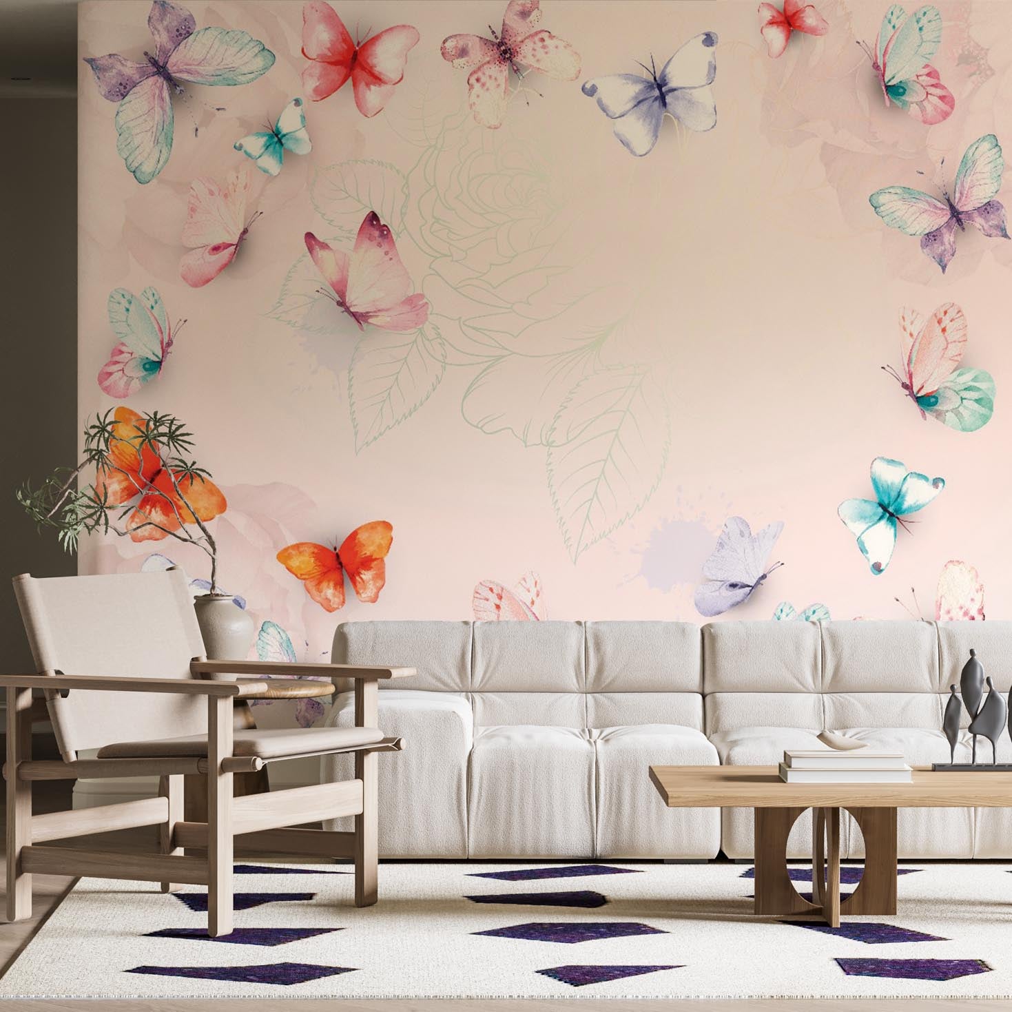 Colorful Butterflies Wall Mural Pink Floral Blossom Wallpaper