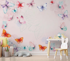 Custom Kids Wall Mural Butterfly Watercolour Pink Nursery Wallpaper