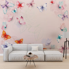 Custom Colorful Butterflies Wall Mural Pink Floral Blossom Wallpaper