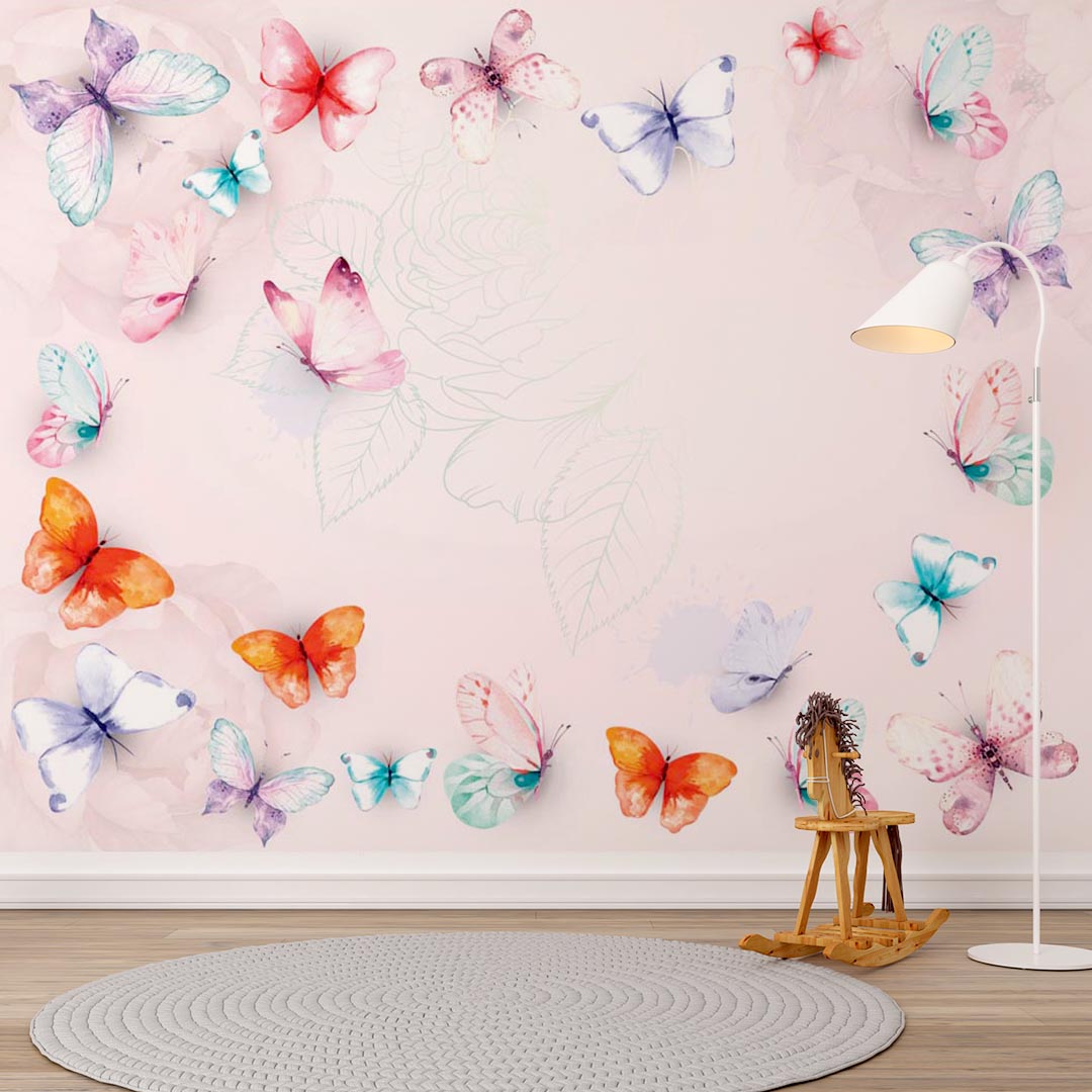 Custom Kids Wall Mural Butterfly Watercolour Pink Nursery Wallpaper