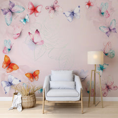 Custom Colorful Butterflies Wall Mural Pink Floral Blossom Wallpaper
