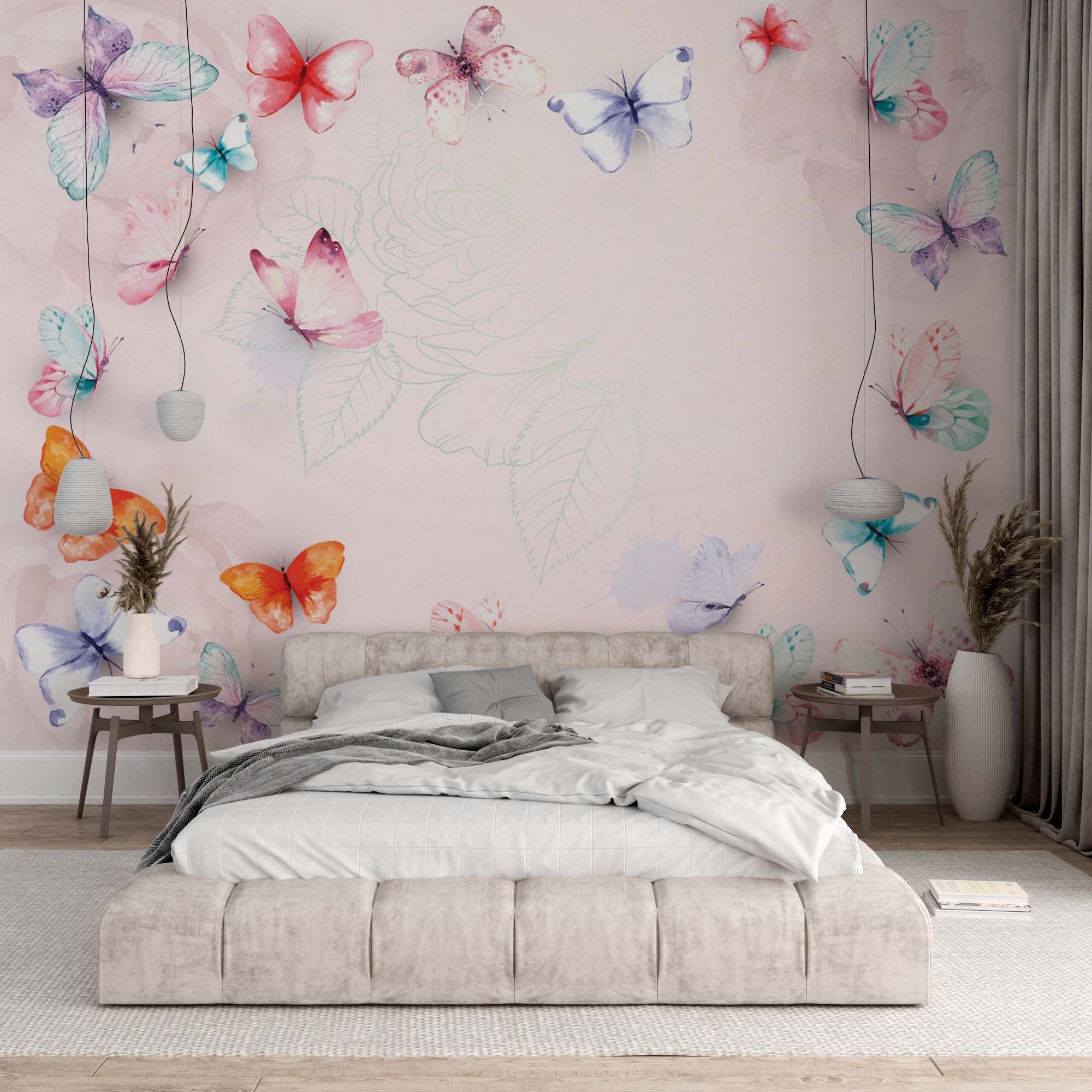 Colorful Butterflies Wall Mural Pink Floral Blossom Wallpaper