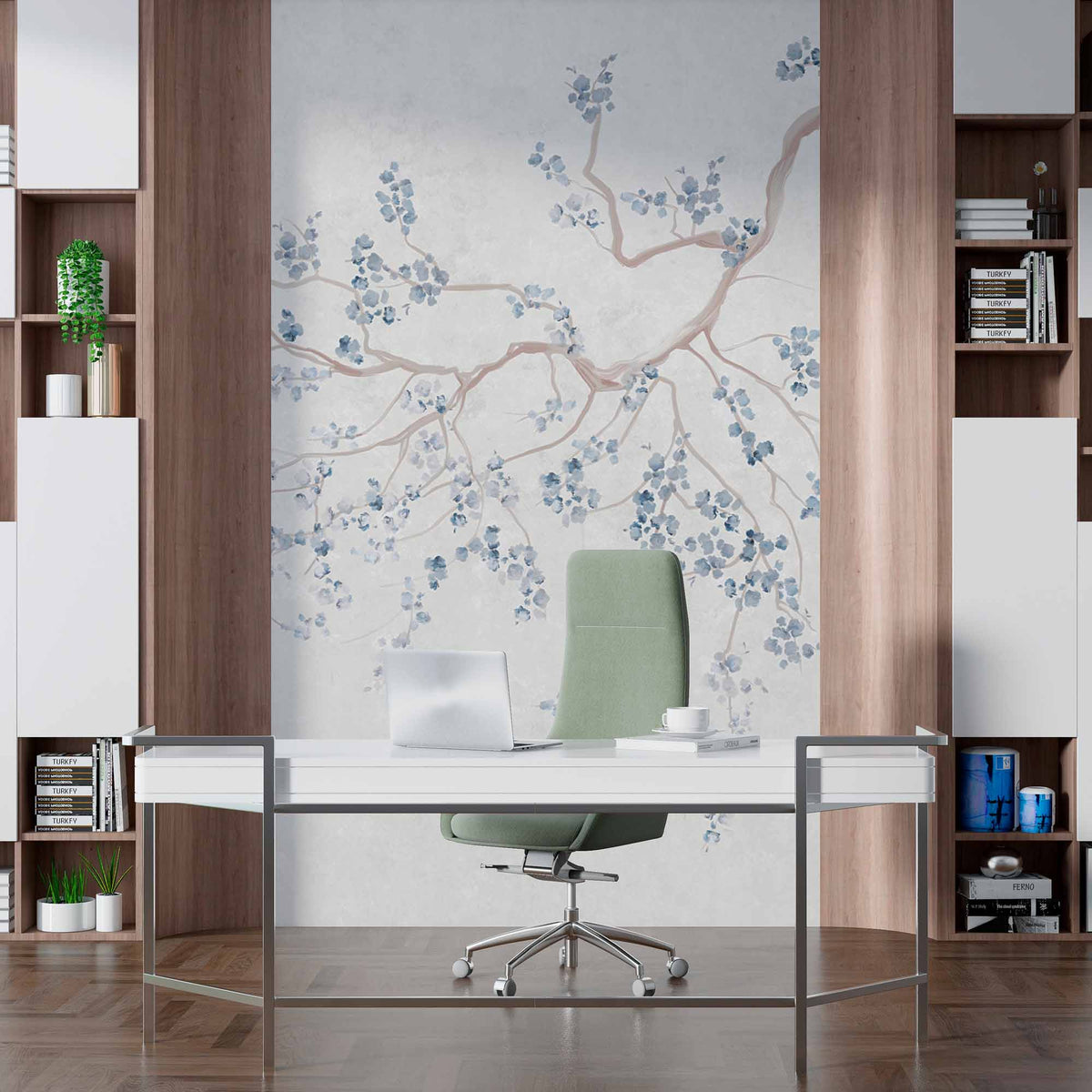 Custom Serene Blue Blossom Tree Branch Wall Mural Wallpaper