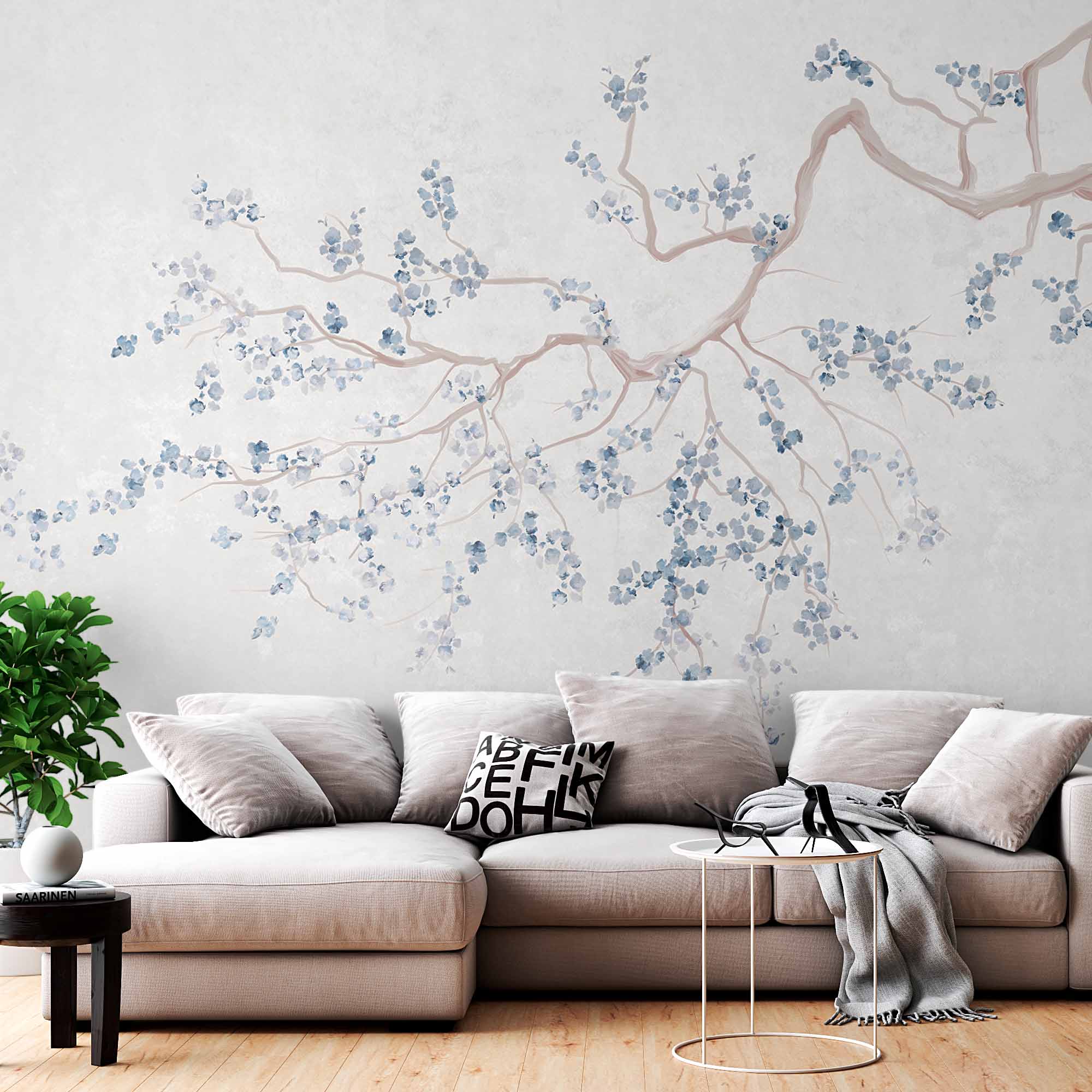 Serene Blue Blossom Tree Branch Wall Mural Wallpaper