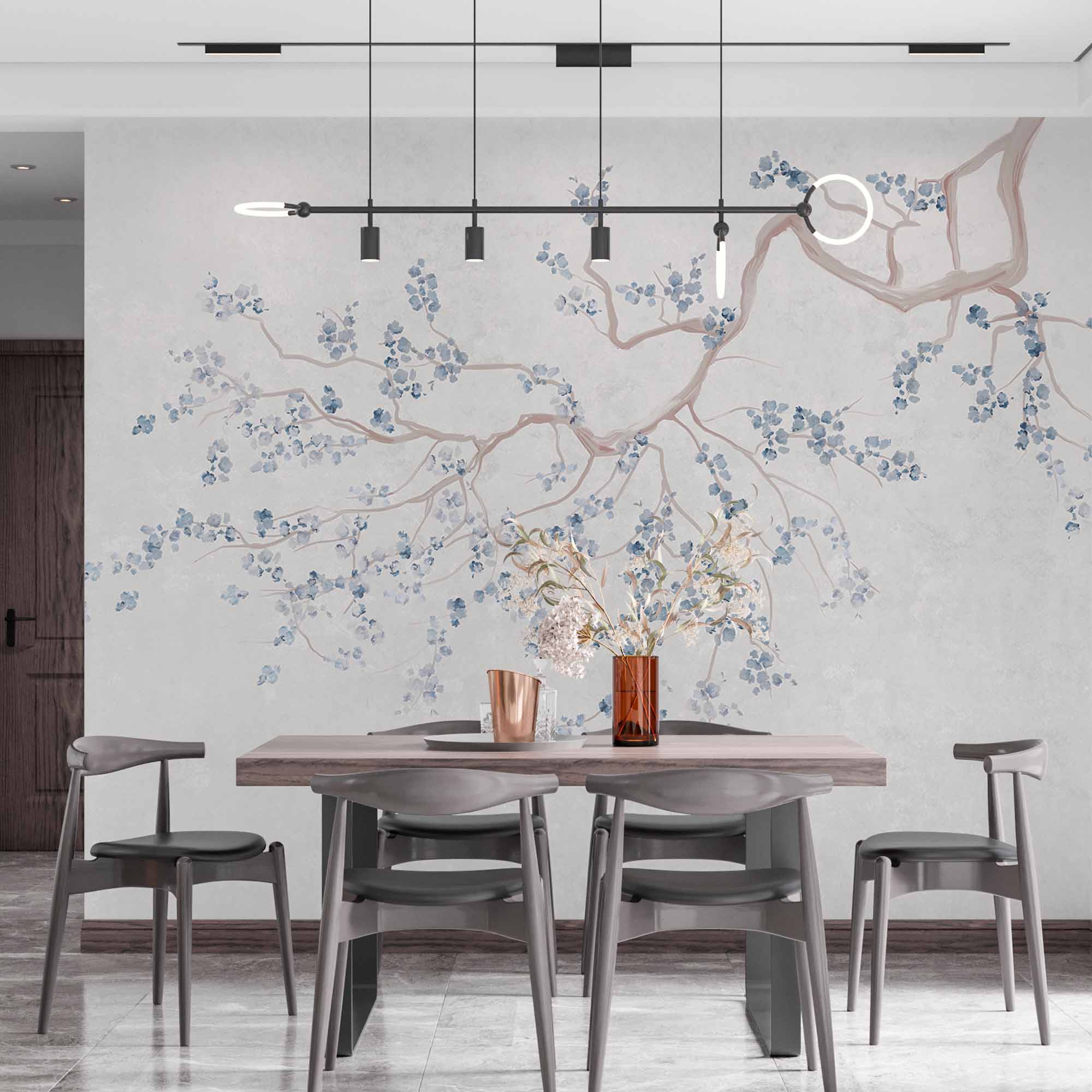 Serene Blue Blossom Tree Branch Wall Mural Wallpaper