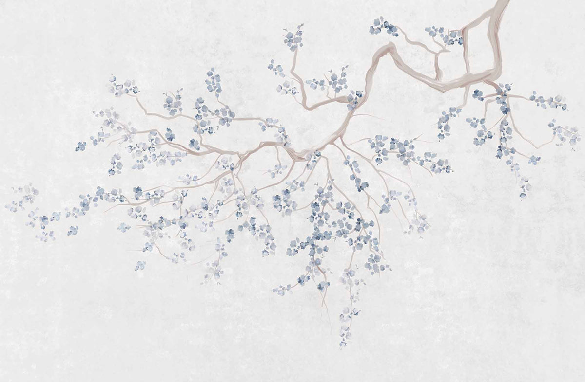Papel pintado de rama en flor azul – Mural chinoiserie suave de árbol sobre gris claro