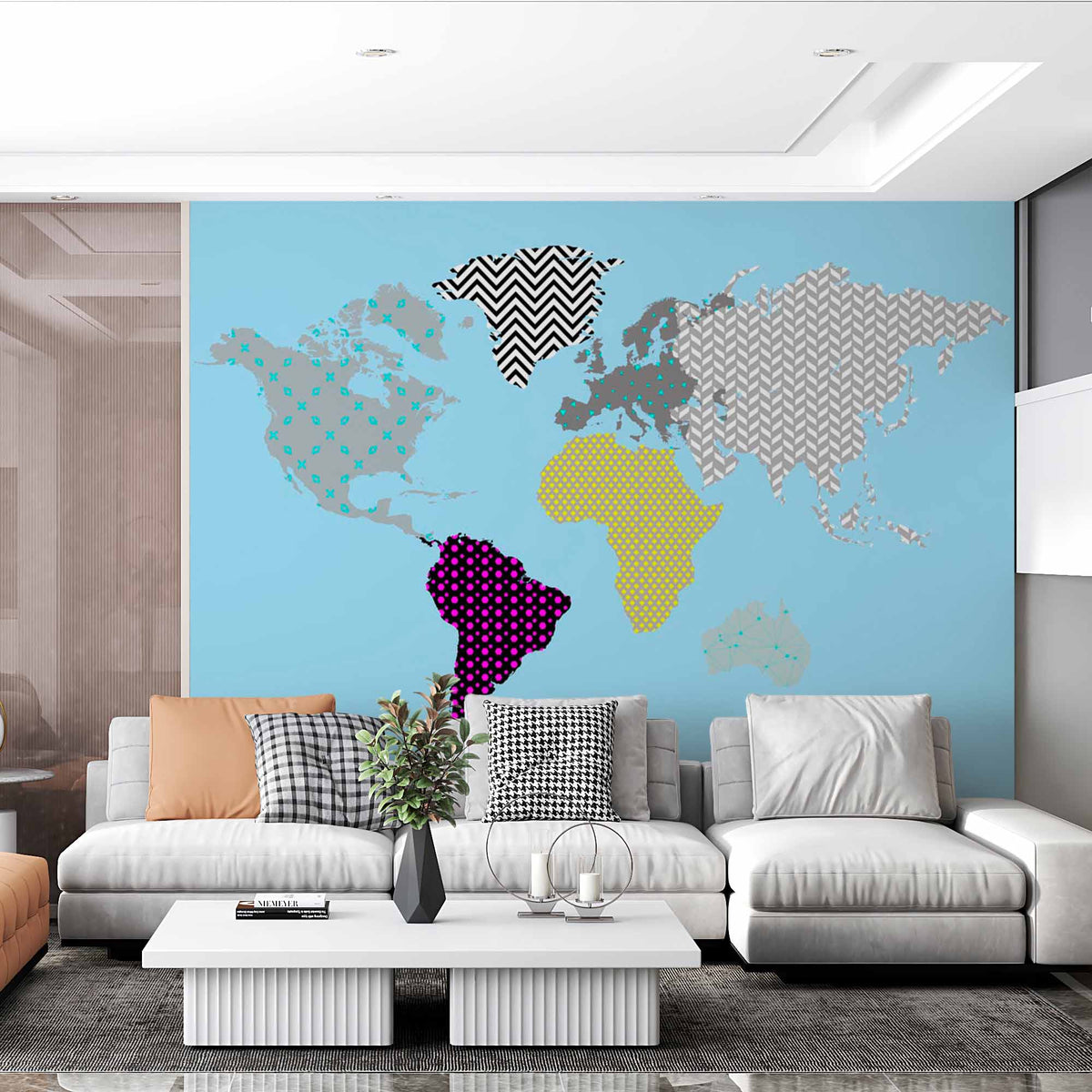 Custom Patterned World Map Art with Geometric Designs and Bold Colors on Blue Background