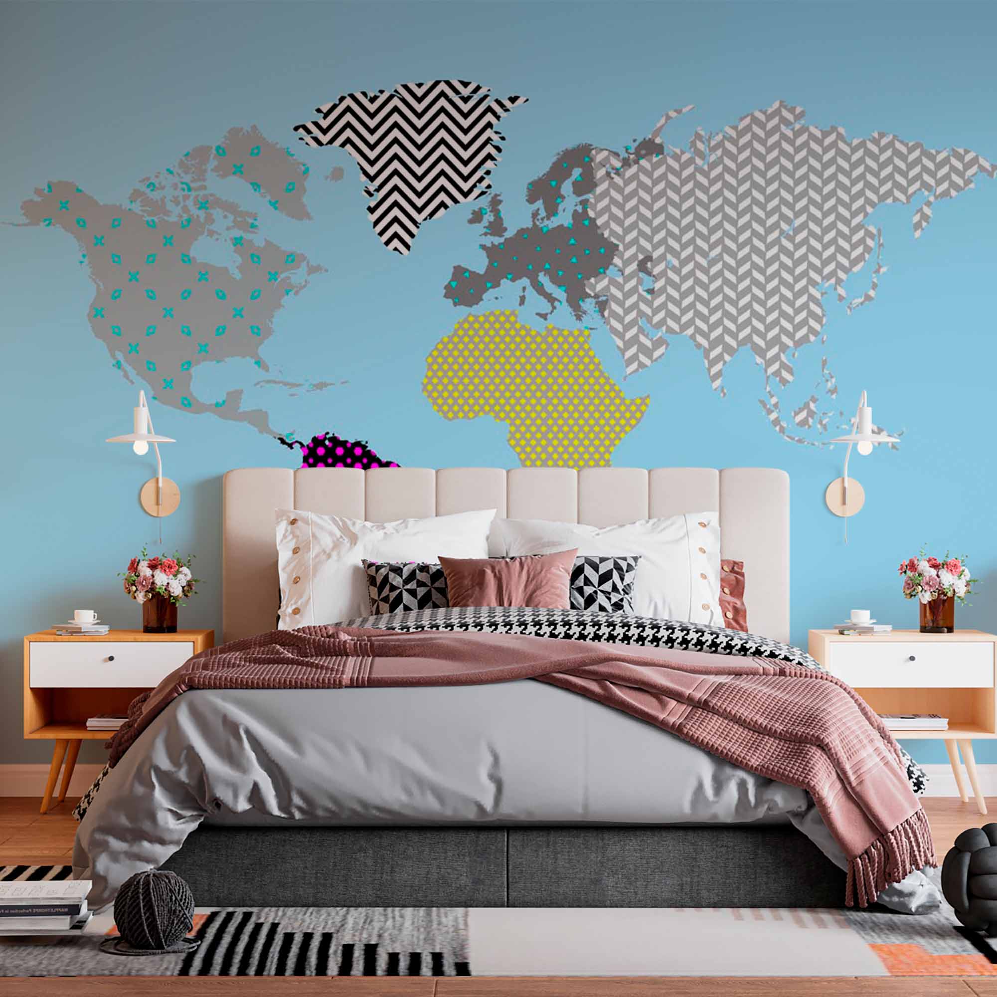 Patterned World Map Art with Geometric Designs and Bold Colors on Blue Background